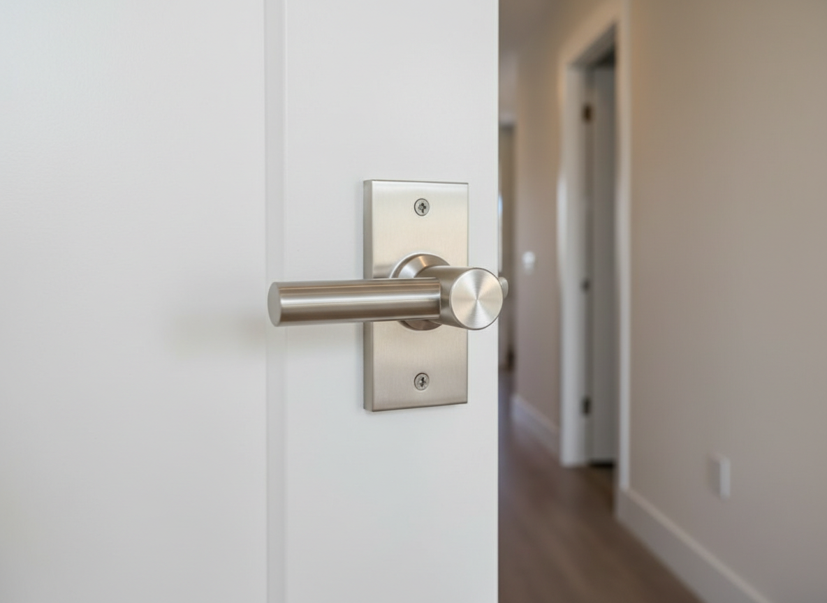 A close-up of a perfectly repaired interior door in a modern Calabasas home, showcasing a freshly installed brushed-nickel handle and precisely aligned hinges on a smooth, freshly painted white door. The frame edges are crisp, caulk lines are clean, and the latch fits seamlessly into a polished strike plate. Soft, warm indoor lighting from recessed ceiling fixtures creates subtle highlights on the metal hardware and gentle shadows along the panel detailing. Photographic realism with a shallow depth of field keeps the handle in sharp focus while the hallway beyond fades into a soft blur. The atmosphere is meticulous, professional, and reassuring, conveying work done right the first time.