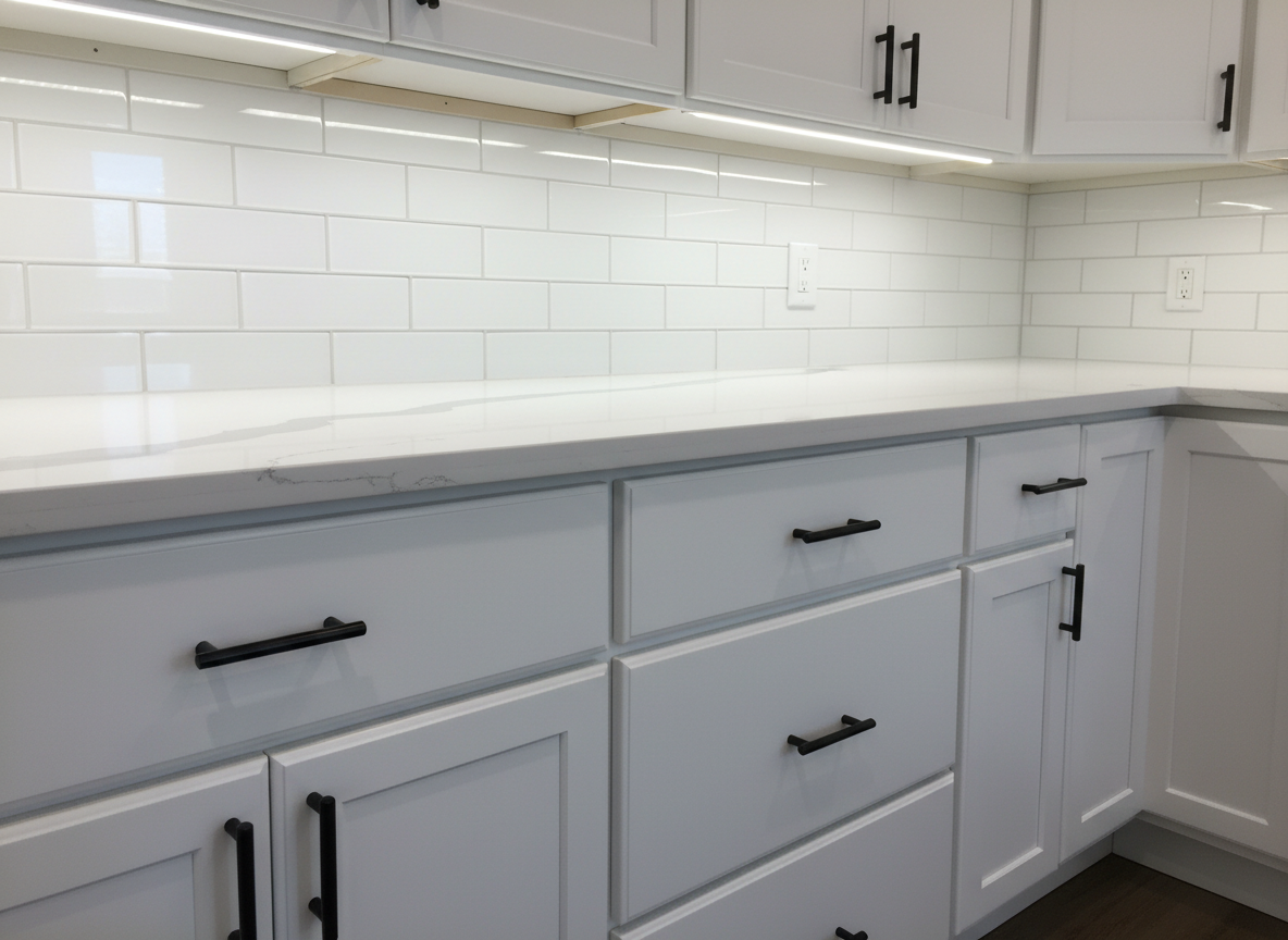 A detailed view of a newly upgraded kitchen in Westlake, focusing on a set of perfectly aligned white shaker cabinets with freshly installed matte-black pulls and soft-close hinges. Below, a quartz countertop with subtle gray veining meets a flawlessly caulked subway-tile backsplash, every grout line straight and consistent. Cool, bright under-cabinet LED lighting washes down the tiles, creating crisp reflections and clean shadows along the edges. Photographic realism with a slightly angled composition to show depth along the counter run. The atmosphere is clean, modern, and professional, capturing the satisfaction of medium-sized handyman projects like cabinet adjustments, hardware swaps, and minor kitchen improvements done to a high standard.