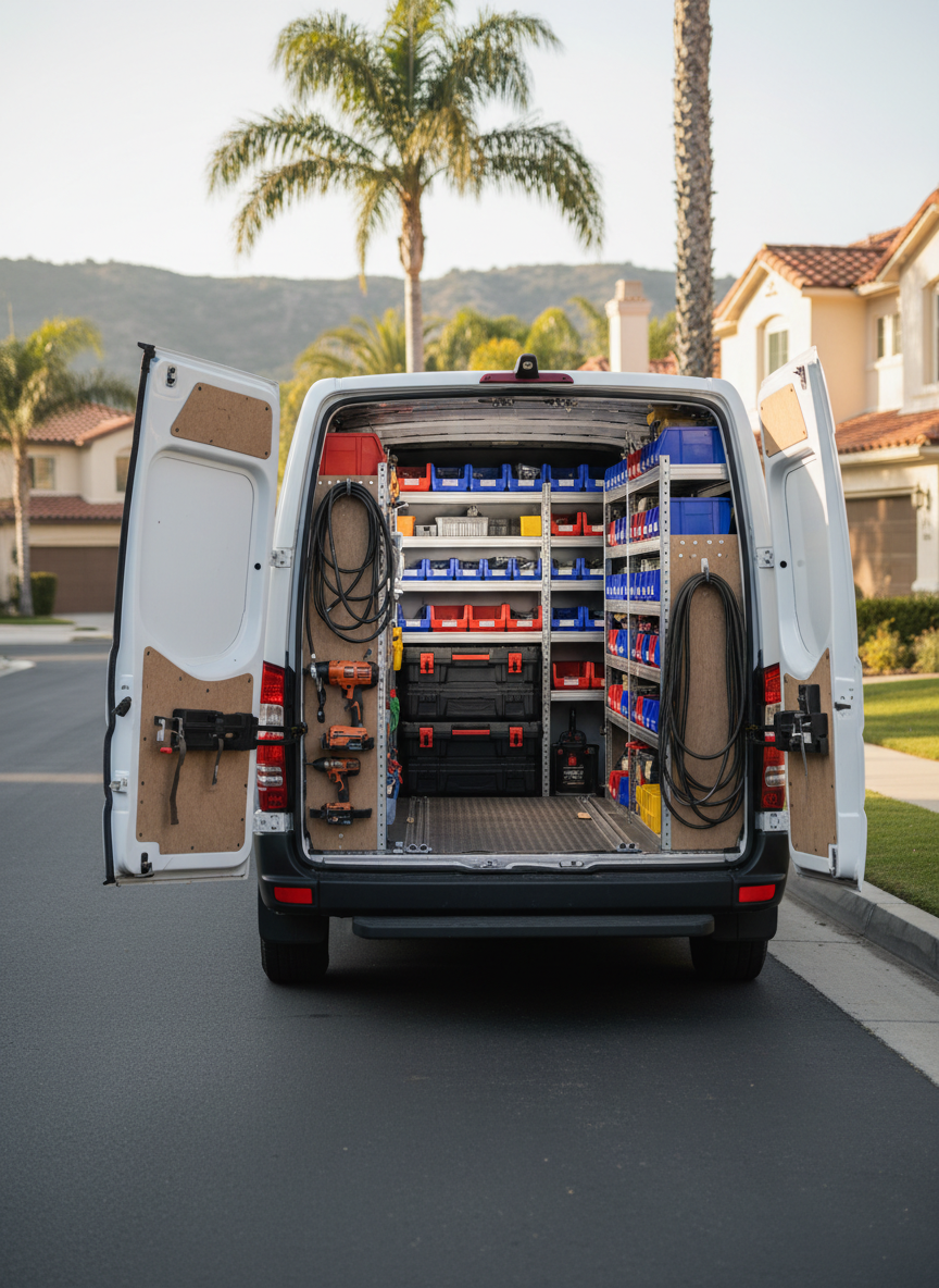 An organized handyman service van parked on a quiet Calabasas residential street, captured without branding or text. The van’s rear doors are open to reveal neatly arranged toolboxes, labeled plastic bins, coiled hoses, and stacked power tools secured in custom shelving. The interior is clean and orderly, with a rubberized floor and metal rails holding everything in place. Soft early morning light illuminates the van interior and casts gentle shadows on the smooth asphalt. In the blurry background, palm trees, stucco homes with red-tile roofs, and rolling hills subtly evoke Calabasas and Agoura. Photographic realism, three-quarter rear angle, emphasizing efficiency, preparedness, and professional on-site service.