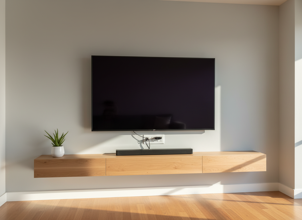 A bright, sunlit living room corner in Agoura Hills, featuring a newly mounted large flat-screen TV perfectly centered on a smooth light-gray wall, with concealed cables disappearing into a clean white wall plate. Beneath, a floating wooden media shelf is leveled precisely, with a small decorative plant and a soundbar aligned with exact spacing. Afternoon golden light pours through an off-frame window, highlighting the flawless wall surface and casting soft shadows on the polished hardwood floor. Photographic realism from a slightly elevated angle, showcasing straight lines and perfect alignment. The mood is calm, ordered, and highly professional, reflecting a handyman’s precision and attention to detail in small home projects.