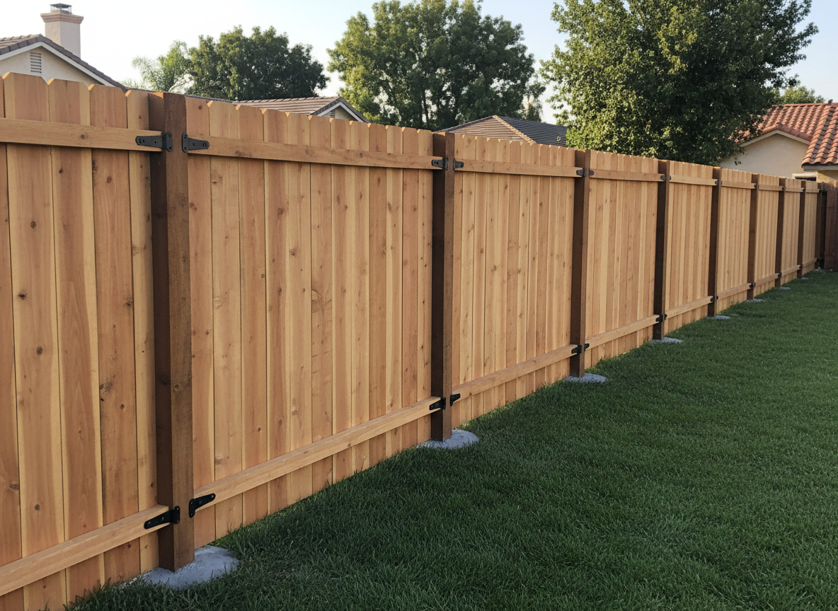 An outdoor scene in Woodland Hills showing a freshly repaired backyard fence made of warm cedar planks with visible natural grain, standing straight and evenly spaced along a gently curving property line. Sturdy metal brackets and new galvanized screws secure each board to solid posts set in smooth concrete footings at the base. Late afternoon sunlight bathes the fence in a soft golden glow, creating long, gentle shadows on a neatly trimmed green lawn. In the background, blurred hints of mature trees and tiled-roof suburban homes suggest the local neighborhood. Photographic realism, eye-level composition with sharp focus on the fence details. The mood is dependable and reassuring, emphasizing durable, professional exterior handyman work.